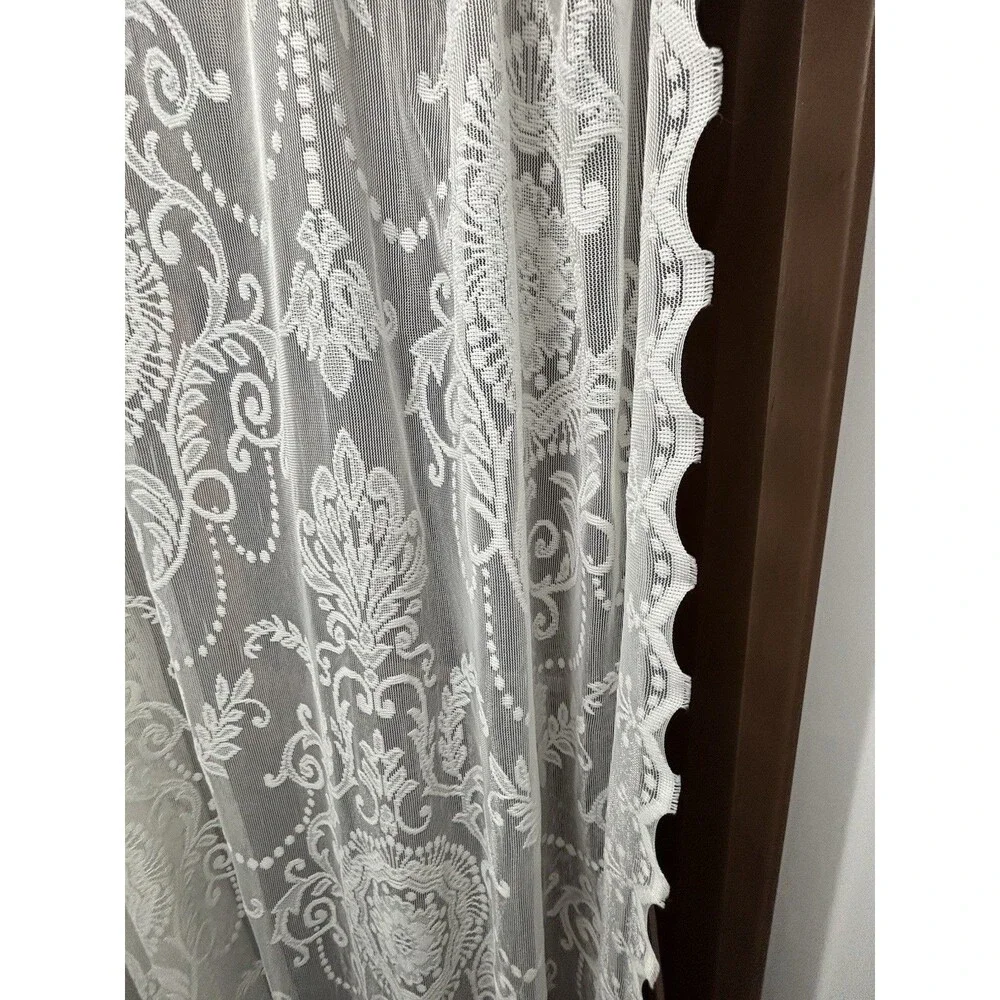 Romantic Cottage Ivory Floral Garlands Lace Curtains Scalloped Edge 2 Panels